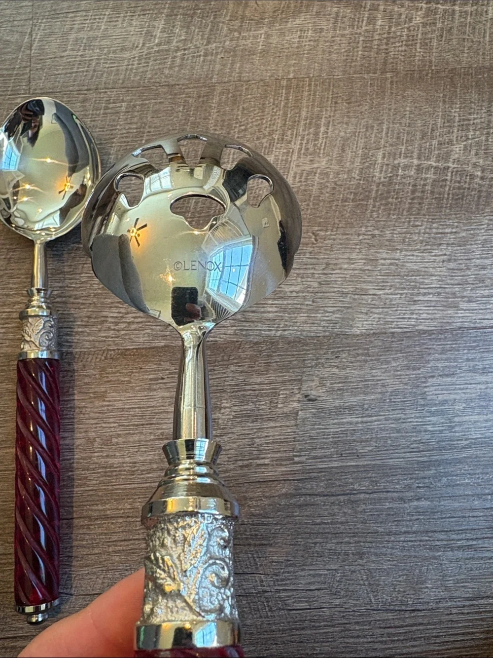 Lenox Holiday Jewel 2-Piece Serving Spoons Stainless Steel Red Spiral Handle